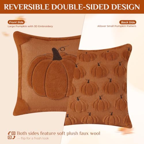 Fall Throw Pillow Covers 18x18 Set of 2 Reversible Rust Pumpkin Plush
