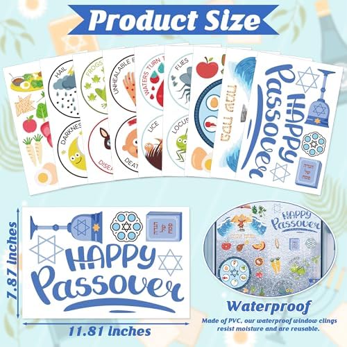 63 PCS Passover Decorations, 9 Sheets Colorful Passover Window Clings with Seder Plates Stars of David Eggs Red Wine Patterns, Double-Sided Jewish Decor for Pesach Party Supplies Home School