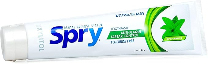 Spry Natural Fluoride Free Xylitol Toothpaste, 5oz Spearmint (Pack of 2) | Gentle for Sensitive Teeth Whitening and Remineralizing, Bad Breath Freshening, Dry Mouth Moisturizing, for Adults and Kids