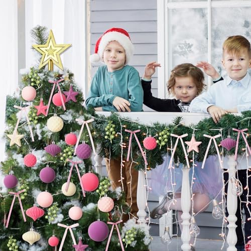Hollowfly 95 PCS Velvet Christmas Tree Decor Set, Pink, Beige
