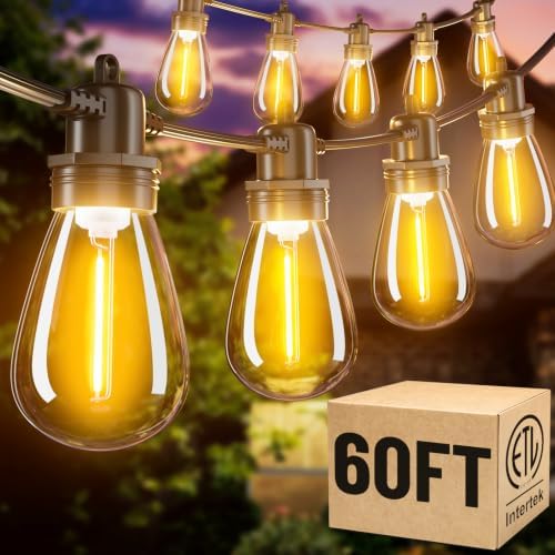 60FT LED Outdoor String Lights with 16+1 Edison Shatterproof Waterproof Bulbs, 2700K Commercial Grade Patio Lights, Heavy Duty Outside Hanging for Garden Porch Deck Decor