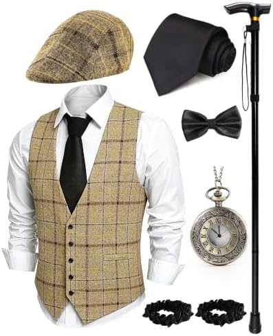 1920s Mens Costume, Roaring 20s Costumes for Men 1920s Mens Outfit with Walking Cane Vest Hat 1920 Mens Accessories