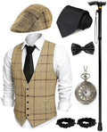 1920s Mens Costume, Roaring 20s Costumes for Men 1920s Mens Outfit with Walking Cane Vest Hat 1920 Mens Accessories