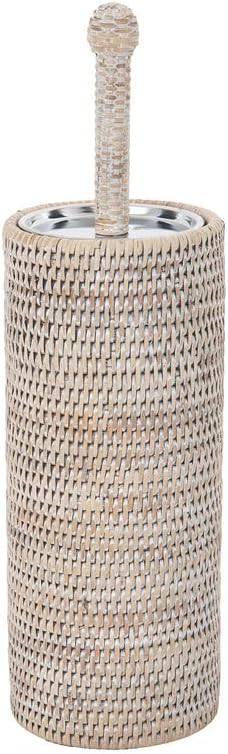 KOUBOO Rattan Toilet Brush Holder Set with Lid Bathroom Decor White Wash | Handwoven Craftsmanship, Removable Inner Cup, Replaceable Brush Head, Odor Control, Easy-Clean Design