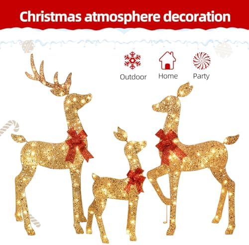 3-Piece 2D Lighted Christmas Deer Family Set - HOYECHI Large Outdoor Yard Reindeer Holiday Decoration with 145 LED Lights, Stakes, Zip Ties - Gold