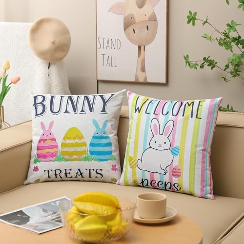 Easter Pillow Covers 20x20 Inch,Easter Decorations for Home,Set of 4 Happy Easter Hunny Bunny Pink Blue Decorative Throw Pillow Covers Spring Farmhouse Decor