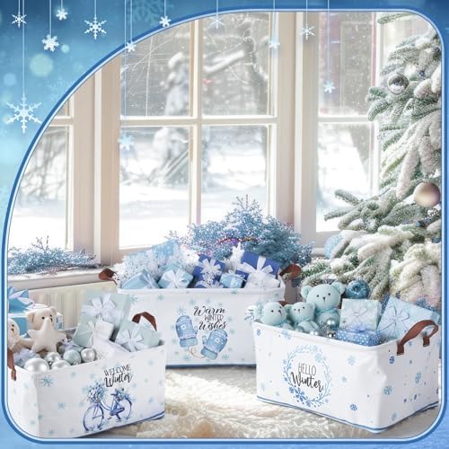 CHENGU 6 Pack Winter Storage Basket Collapsible Snowflakes Basket for Gifts Gnomes Holiday Decor Large Snowman Bin Foldable Blue Hello Winter Box with Handle for Bedroom Office Home