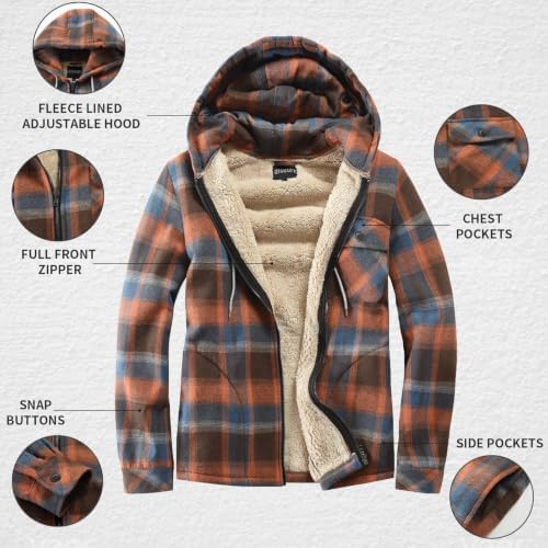 Elesuit Men's Full Zip Fleece Flannel Jacket Shirt Plaid Cotton Hoodie Coat