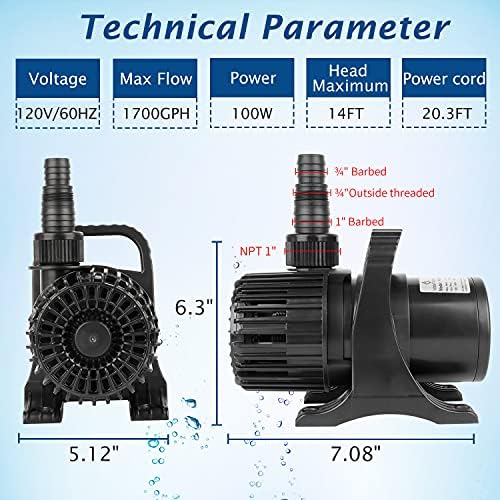 WaterRebirth (1700GPH-120W,UL listed) Large Fountain Submersible Water Pond Sump Pump Aquarium Electric Waterfall Pump Outdoor PS-1700 (Pack of 2)