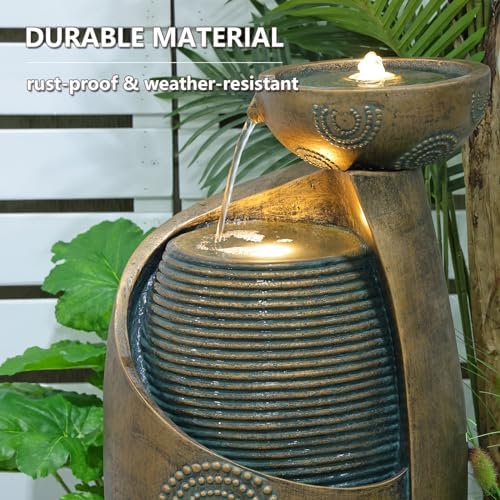 Sunlinua Vase Outdoor Water Fountain, 31.4''H Jar Waterfall Fountain with Warm LED Lights&Durable Pump for Yard, Porches, Home Décor,Garden,Office