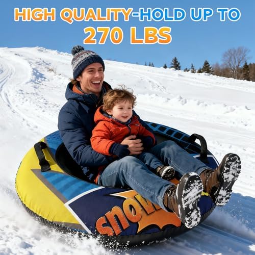 CACSPS Inflatable Snow Tube Sled 48 Inch, Heavy Duty Winter Sledding & Snow Tubing Equipment for Adults with Thickened Material and Canvas Cover