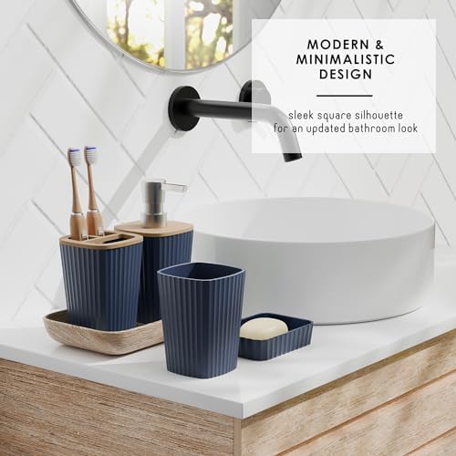 Clara Clark Bathroom Set - Navy Blue Bathroom Accessories Set, 6PC Bathroom Accessory Set, Bathroom Sets with Adhesive Corner Shower Caddy Hanging, Toilet Brush, Trash Can & Soap Dispenser