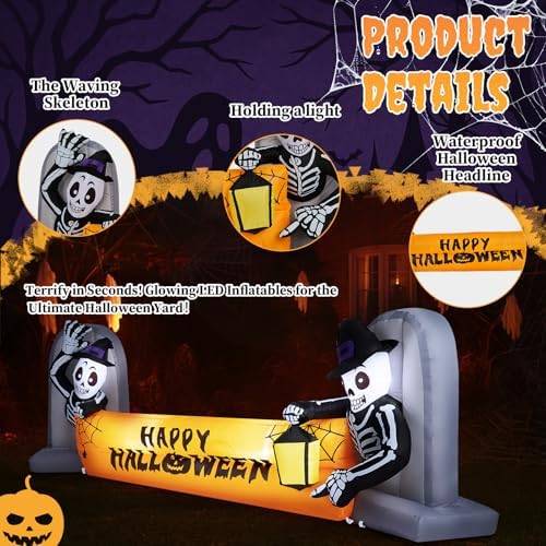 Outvita Halloween Inflatable Skeleton Tombstone Banner 9.6FT, Blow Up Outdoor Decoration with LEDs, Halloween Decor for Yard, Party, Garden, Party, Garden