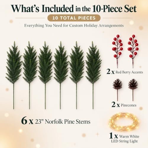 10-Piece 23" Norfolk Pine Stems, Norfolk Pine Branches with LED Lights