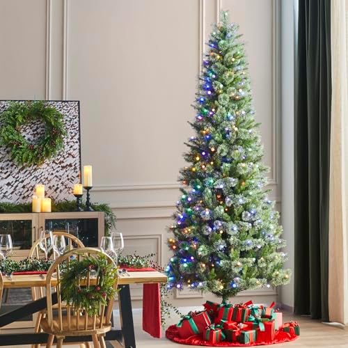 Glitzhome Prelit Christmas Tree, 9ft Artificial Christmas Tree Green Charming Cashmere Slim Pine with 450 Warm White and Multi-Color Globe LED Lights, 9 Function w/Foot Pedal and Remote Control