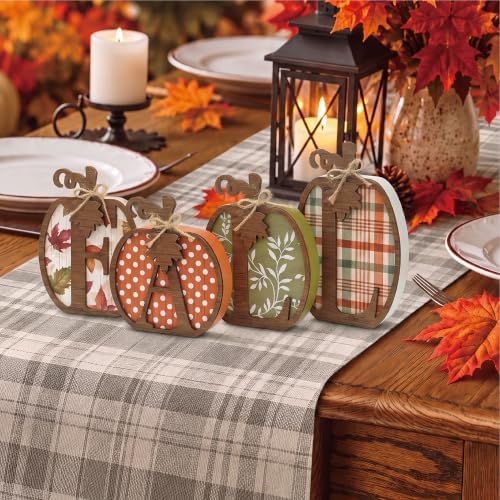 4 Pcs Fall Pumpkin Decor, Wooden Autumn Fall Decorations for Home