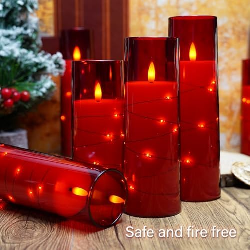 kakoya Flameless LED Candles with Timer 9 Pc Flickering Flameless Candles for Romantic Ambiance and Home Decoration Stable Acrylic Shell,with Embedded Star String，Battery Operated Candles（Red）