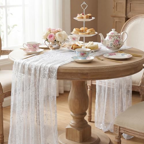 Artoid Mode White Silver Gauze Table Runner 59x120 Inch 10FT, Glitter Metallic Foil Sheer Dining Holiday Wedding Anniversary Birthday Table Decor for Home Party