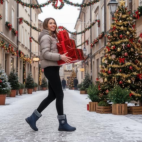 Almusen Snow Boots for Womens Winter Shoes: Warm Fur Lining Mid Calf Boots Women Anti Slip Waterproof Hook Loop Comfortable Outdoor Boot