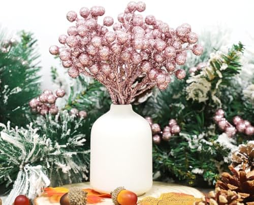 Fangoo 20 Pack 7 Inch Artificial Pink Berry Stems for Christmas Tree