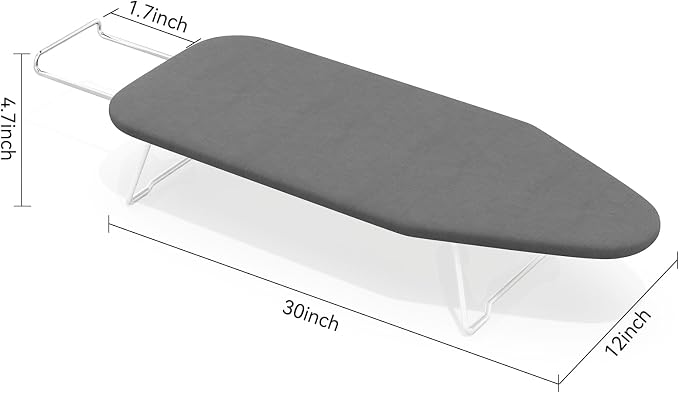 Small Ironing Board Tabletop with Heat Resistant Cover, Compact Mini Ironing Board (with Iron Rest) & Metal Frame, for Dorm, Apartment, Hook for Hanging, Iron Board 12x30, Iron Table Stand Pure Gray