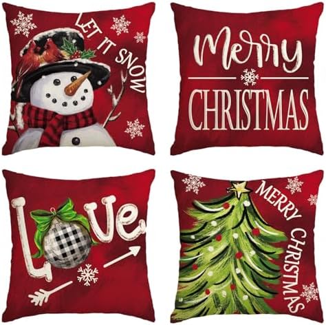 AVOIN colorlife Merry Christmas Let It Snow Snowman Red Throw Pillow Covers, 20 x 20 Inch Xmas Tree Holiday Cushion Case Decoration for Sofa Couch Set of 4
