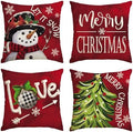 AVOIN colorlife Merry Christmas Let It Snow Snowman Red Throw Pillow Covers, 20 x 20 Inch Xmas Tree Holiday Cushion Case Decoration for Sofa Couch Set of 4