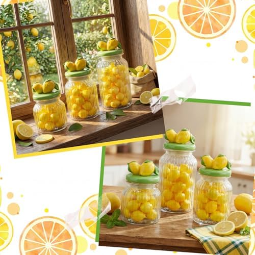 Mimorou 3 Set Lemon Glass Candy Jars with Ceramic Lids 44oz 33oz 22oz Summer Lemon Cookie Jars Airtight Glass Food Storage Containers for Summer Party Tea Cookie Snacks Sugar