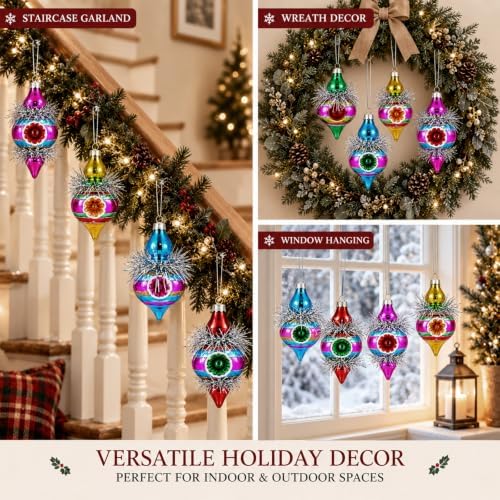 Soulchen 8 Pcs Vintage Glass Christmas Finial Ornaments Reflector for Tree