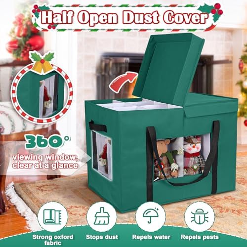 Christmas Figurine Storage Box, 24”x18”x15” Ornament Storage Box, 2025 UpgradeNutcracker Storage Box, Figurine Storage with Dividers, Adjustable Extent Area for Figurines and Pocket, Green