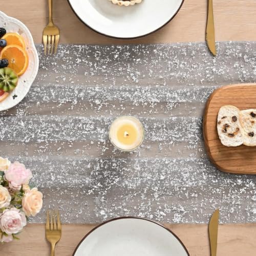 Artoid Mode 6PC Grey Gold Gauze Table Runner 120 Inch 10FT, Glitter Metallic Foil Sheer Dining Wedding Anniversary Holiday Birthday Table Decor for Home Party
