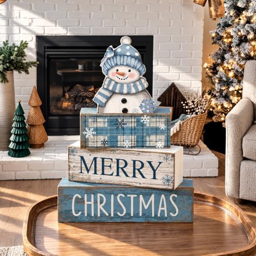 Lineshading 4 Pcs Christmas Table Decor, Blue Snowman Wooden Block Signs