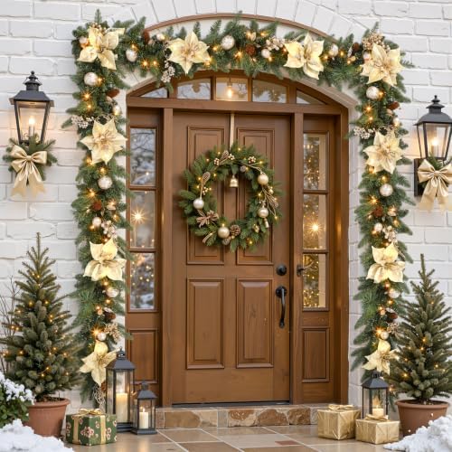 SHareconn 9FT Prelit Christmas Garland Decorations with Multi-Color LED Lights, Battery-Operated Timer, Lighted Garland with Ball Poinsettia for Mantle Table Fireplace Stairs Railing Indoor Decor