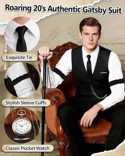 1920s Mens Costume, Roaring 20s Costumes for Men 1920s Mens Outfit with Walking Cane Vest Hat 1920 Mens Accessories
