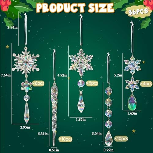 GuassLee 36pcs Crystal Christmas Tree Ornaments - Iridescent Acrylic Snowflake Icicle Drop Crystal Hanging Ornaments for Christmas Tree Winter Wonderland Frozen Themed Birthday Party Decor