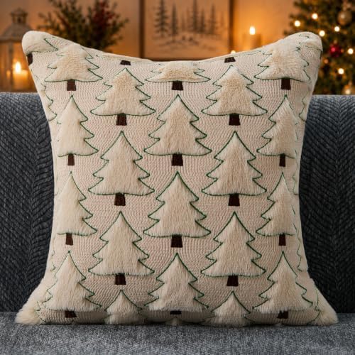 Allorry Christmas Pillow Covers 18x18 inch Set of 2 Christmas Decorations Soft Plush Faux Fur Wool Beige Xmas Tree Throw Pillow Cases Winter Holiday Decor for Sofa Living Room PT-012C18