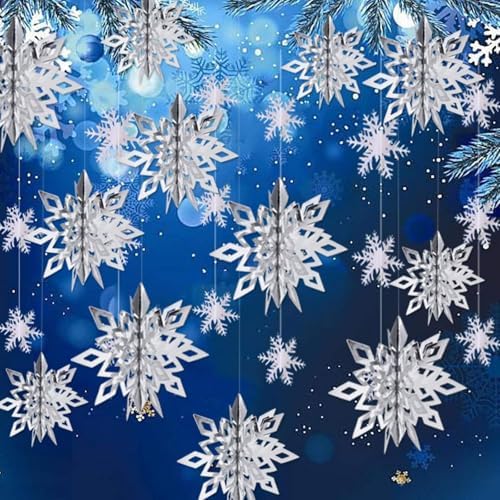 Snowflake Decorations, Paper Christmas Hanging Decor Indoor, Silver, 36-Pc