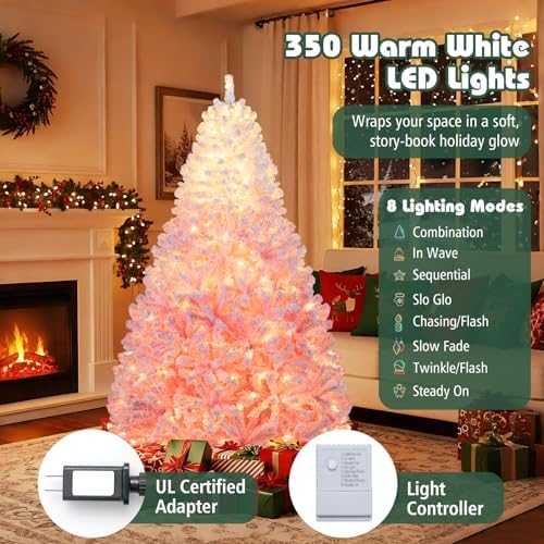 HAPPYGRILL 7 FT Pre-lit Flocked Christmas Tree Pink Hinged Xmas Tree with 1264 Branch Tips, 350 Warm White LED Lights & Folding Metal Stand, for Home Office Carnival
