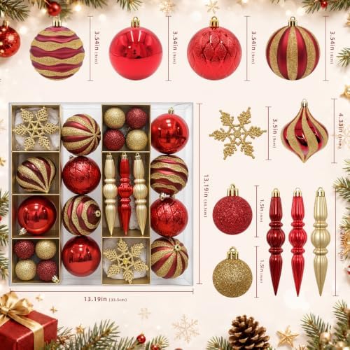 Emberlane Christmas Ball Ornament Set,50PCS,Shatterproof with Hooks