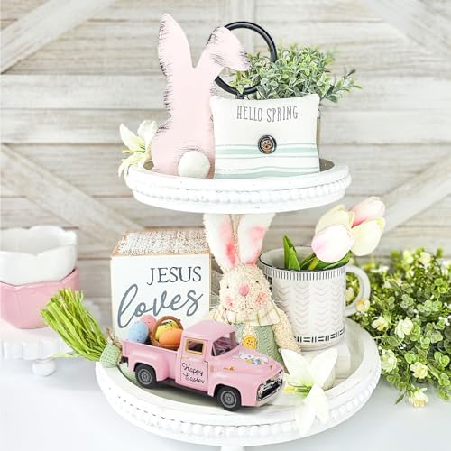Spring Truck Decor, Pink Egg Bunny Truck Decorations for Home Indoor, Mini Basket Eggs Truck Tiered Tray Decor, Spring Rustic Farmhouse Kitchen Tabletop Decorations for Office