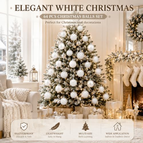 Lunmon 64 Pcs White Christmas Ball Ornaments Modern Xmas Tree Decorations