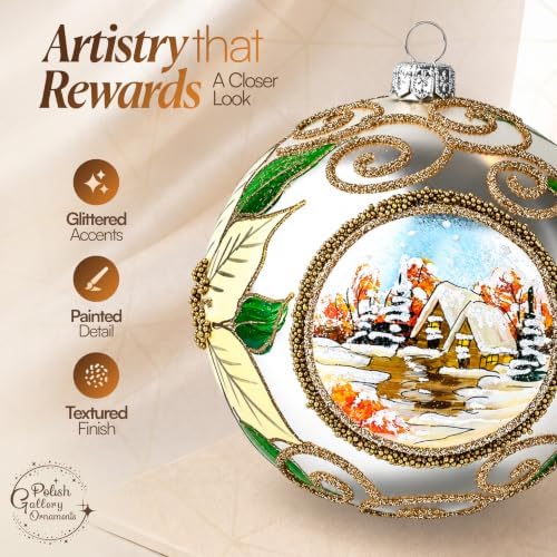 Polish Hand Blown Glass Christmas Ornaments Ball, Wintry Poinsettia 5 in