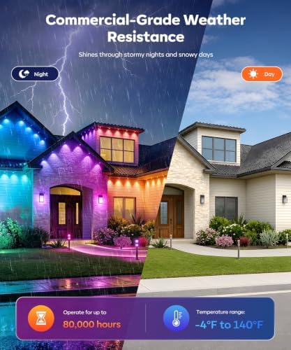Permanent Outdoor Lights, 150ft RGBWW Smart LED Eaves Lights with Warm/Cool White, Local Bluetooth App Control IP67 Waterproof Architectural House Exterior Lighting for Daily Accent
