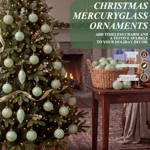 Syhood 18 Pcs Sage Green Christmas Mercury Glass Balls Ornaments, 6 Styles