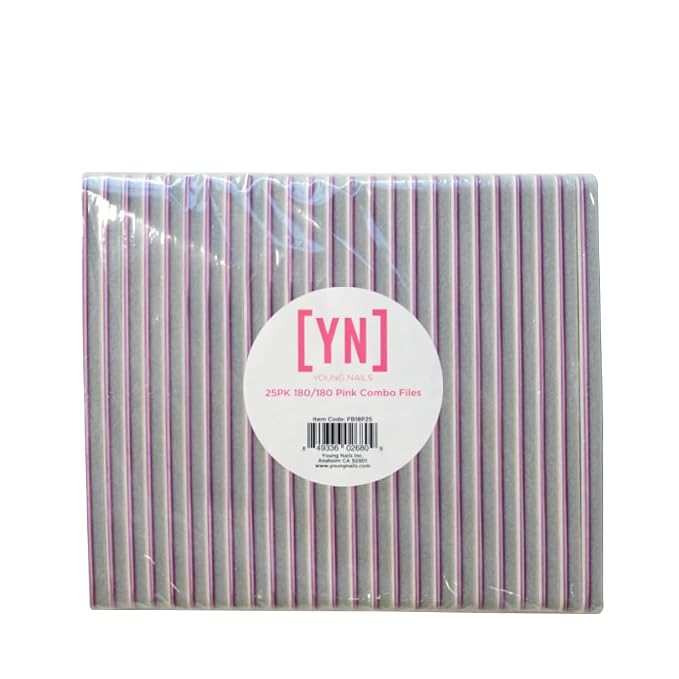 Young Nails Professional Nail File - 180/180 Grit Pink Combo Files, 25 Pack - Double Sided Ergonomic Emery Boards for Natural Acrylic Gel Nails, Perfect for Nail Techs or DIY Nails At Home