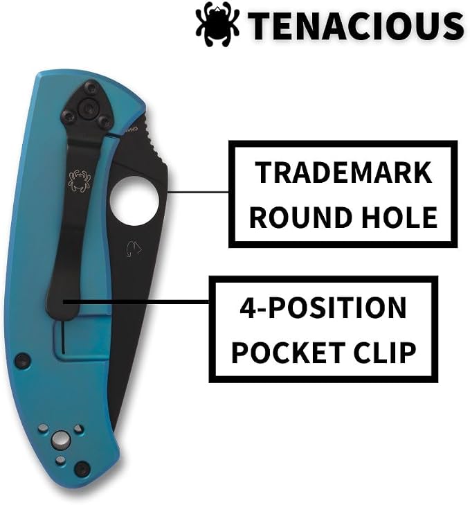 Spyderco Tenacious Folding Pocket Knife, PlainEdge | 7.74" Overall Length, 3.3" 8Cr13MoV Steel Blade, Blue, Titanium Handle, R.I.L Lock, Full-Flat Grind