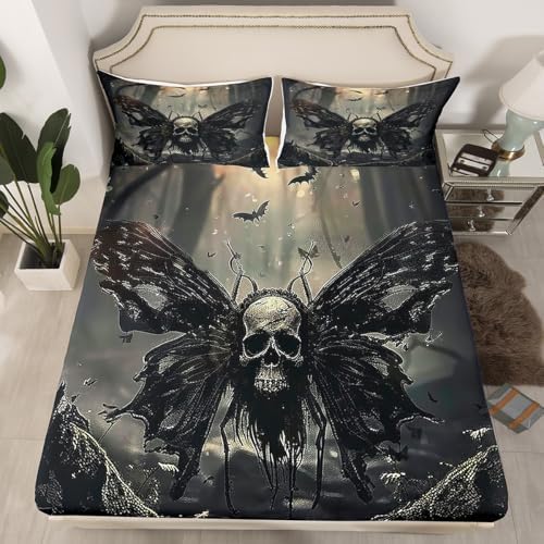 Castle Fairy Skull Butterfly Sheet Set Kids Boys Girls Death Butterfly Fitted Sheets Set Full Size Horror Theme Bedding Sheet Sets Includes 1 Flat Sheet,1 Fitted Sheet,2 Pillowcases