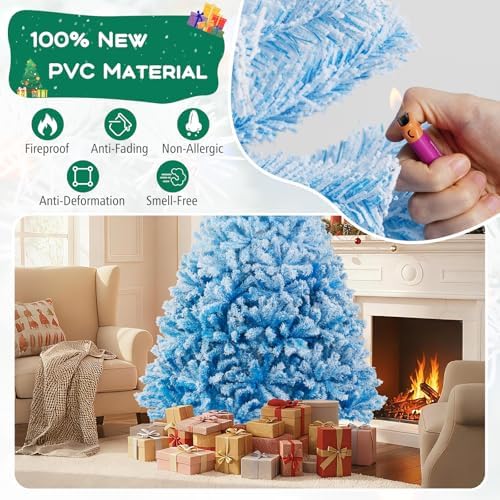 HAPPYGRILL 7 FT Flocked Christmas Tree Blue Hinged Xmas Tree with 1264 Branch Tips & Folding Metal Stand, Artificial Christmas Tree for Home Office Carnival