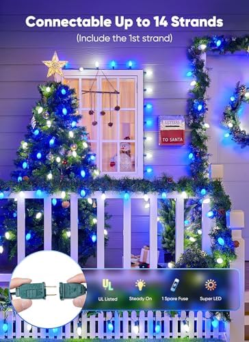 Minetom 50Ft Christmas Lights Outdoor, 50 LED Matte Bulbs, Blue|Pure White