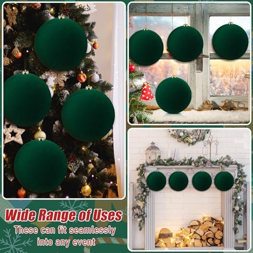 Hollowfly 12 Pcs 8 Inch Extra Large Velvet Christmas Balls Oversized Huge Big Christmas Tree Ornaments Balls for Family Holiday Xmas Tree Hanging (Dark Green)